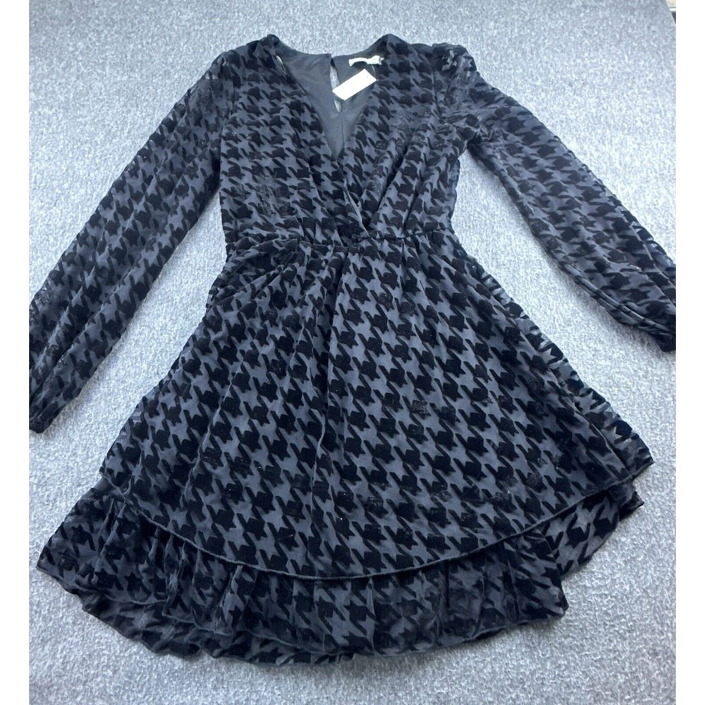 Allison & Kelly Dress Womens Small Black Houndstooth Velvet Burnout Mini V-Neck
